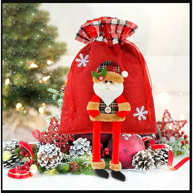 Sac cadouri, tematica Mos Craciun, Material Textil, 30x25 cm, cu Siret, Rosu [5]