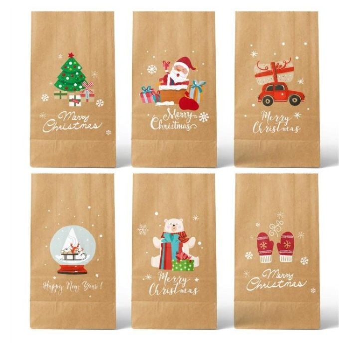 Set 12 Pungi de Cadou, Tema Craciun, 12 Stickere Incluse, 22 x 12 x 8 cm, din Hartie, Maro [3]