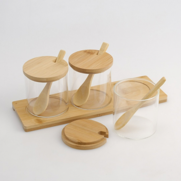 Set Condimente 3 Piese – Sticlă & Lemn | 30 x 10 x 10 cm [2]