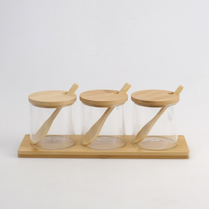 Set Condimente 3 Piese – Sticlă & Lemn | 30 x 10 x 10 cm [1]