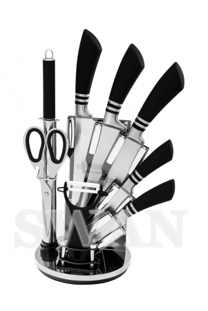 Vase si accesorii bucatarie - Set Cuțite Bucătărie Inox cu Suport Rotativ – 8 Piese – Negru Elegant