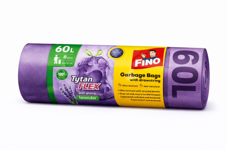 Uz casnic si menaj - Saci Menajeri cu Șnur FINO TYTAN FLEX Lavandă – 60 L, 8 Buc / Rolă
