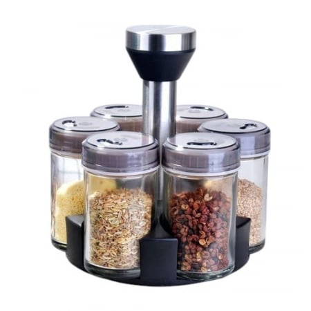 Vase si accesorii bucatarie - Set 6 Recipiente din Sticlă și Inox pentru Condimente cu Suport Rotativ