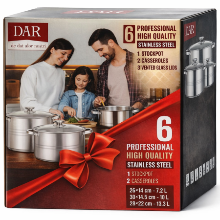 Set inox 6 piese – 2 cratițe + 1 oală cu capac din sticlă (7.2 L / 10 L / 13.3 L) [1]