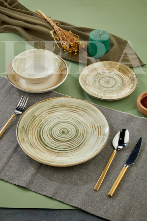 Farfurii - Set de Masa din Portelan Hera Moss – 24 Piese cu Textură Organică Verde-Muștar