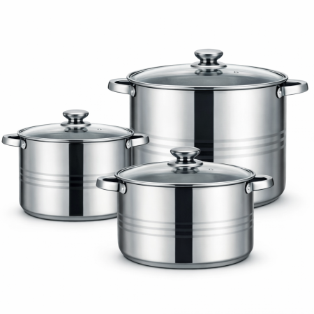 Vase si accesorii bucatarie - Set inox 6 piese – 2 cratițe + 1 oală cu capac din sticlă (7.2 L / 10 L / 13.3 L)