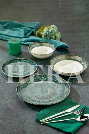 Farfurii - Set de Masa din Porțelan Hera Emerald – 24 Piese cu Textură Vibrantă Verde-Smarald
