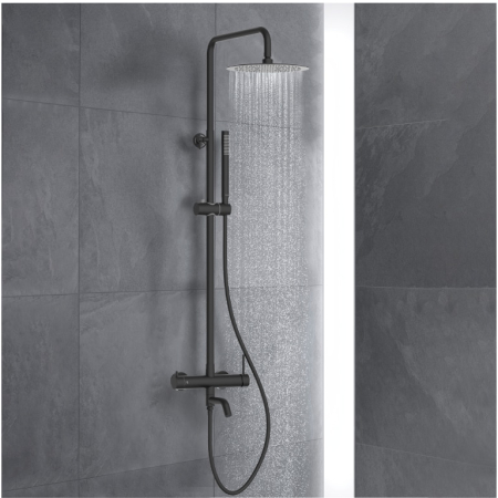 Baterie De Dus, Balneo, Corp Din Otel Inoxidabil Aisi 304, Cartus Ceramic, Diametru 35 mm, Dus Rotativ 90° Cu Comutator De Functii, Aerator Economisitor De Apa, 150 mm x 560 mm x 1016 mm, Negru [1]