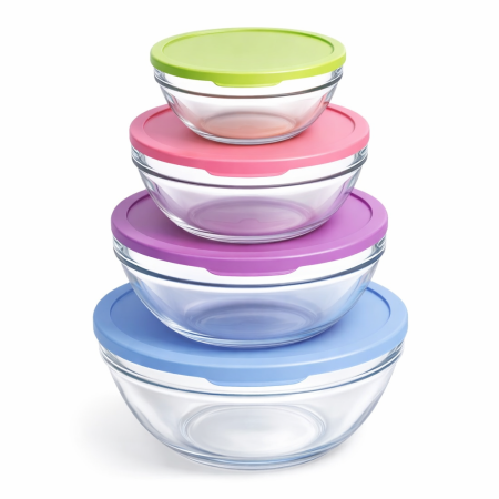 Vase si accesorii bucatarie - Boluri CHEFS din sticlă termorezistentă cu capace, suprapozabile – 595 ml, 1135 ml, 1700 ml, 2500 ml - 8 Boluri / Set
