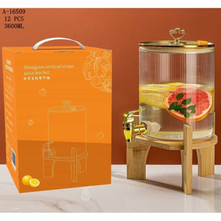 Vase si accesorii bucatarie - Borcan cu robinet și suport pentru limonadă, 3.6 L – Sticlă, Fier și Bambus
