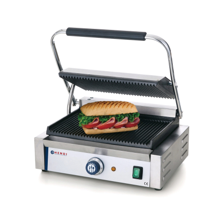 Contact grill Panini, profesional, Hendi, 2200W, partea superioara si cea inferioara striate, din fonta cu invelis ceramic, suprafata grill 340 x 230 mm [0]