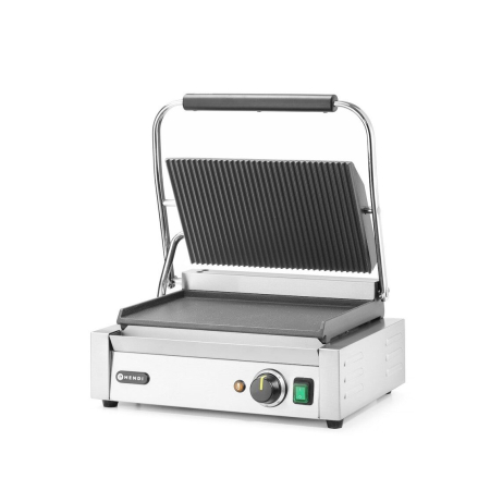 Echipamente Profesionale Bucatarie - Contact grill profesional, Hendi, 2200W, corp inox, termostat 300 gr C, placi fonta cu invelis ceramic, partea superioara striata / cea inferioara neteda, suprafata grill 34 x 23 cm, 43x37x(H)21 cm
