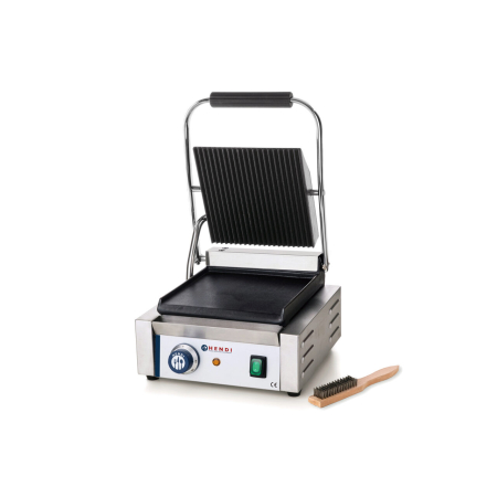Echipamente Profesionale Bucatarie - Contact grill profesional, partea superioara striata, partea inferioara neteda, 1800W, termostat 0-300 gr C, suprafata grill 22 x 23 cm, dimensiuni 29x37x(H)21 cm, Hendi