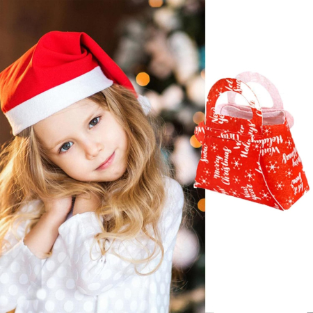 Geanta pentru Copii, Pliabila, pentru Cadouri de Craciun, din Panza Netesuta, Merry Christmas, 13 x 12 x 6 cm, Rosu [5]