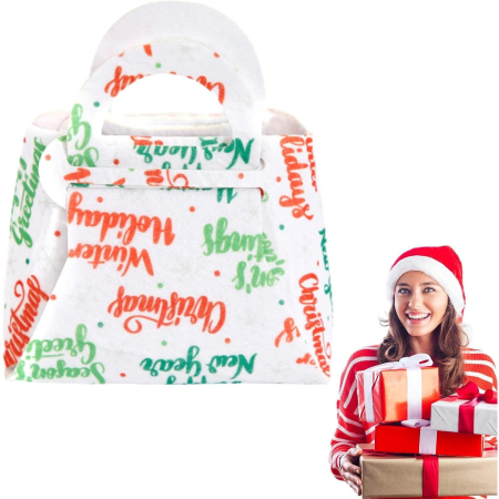 Geanta pentru Copii, Pliabila, pentru Cadouri de Craciun, din Panza Netesuta, Mesaje de Craciun, 13 x 12 x 6 cm, Alb [5]