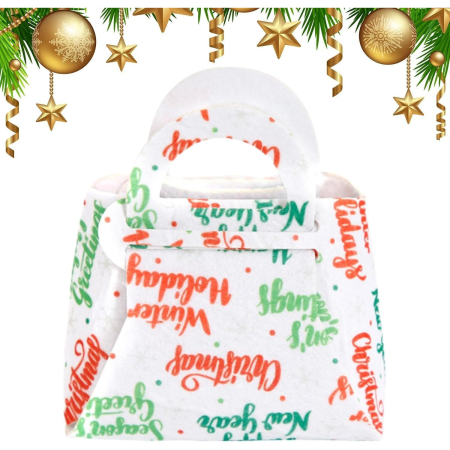Geanta pentru Copii, Pliabila, pentru Cadouri de Craciun, din Panza Netesuta, Mesaje de Craciun, 13 x 12 x 6 cm, Alb [1]