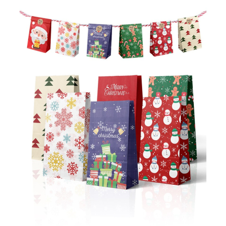 Set 12 Pungi de Cadou, Tema Craciun, cu Motive Festive, 12 Stickere Incluse, 22 x 12 x 8 cm, din Hartie, Multicolor [4]