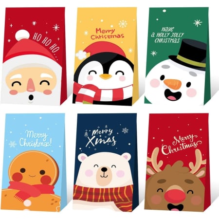 Craciun - Set 12 Pungi de Cadou, Tema Craciun, cu Personaje, 12 Stickere Incluse, 24 x 13 x 8 cm, din Hartie, Multicolor