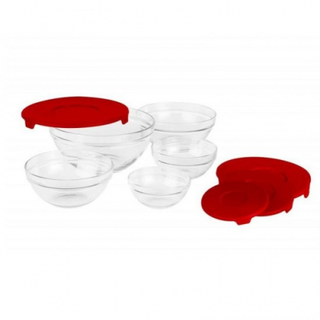 Vase si accesorii bucatarie - Set 5 boluri sticla cu capac 130x200x350x500x900ml vn-gb1401