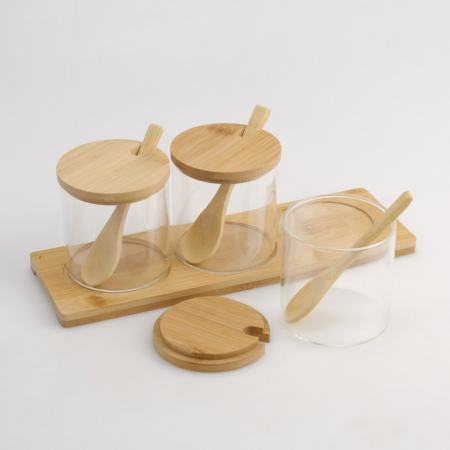 Set Condimente 3 Piese – Sticlă & Lemn | 30 x 10 x 10 cm [1]