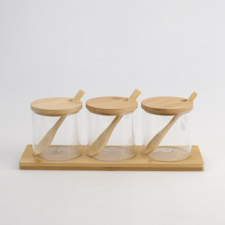 Vase si accesorii bucatarie - Set Condimente 3 Piese – Sticlă & Lemn | 30 x 10 x 10 cm