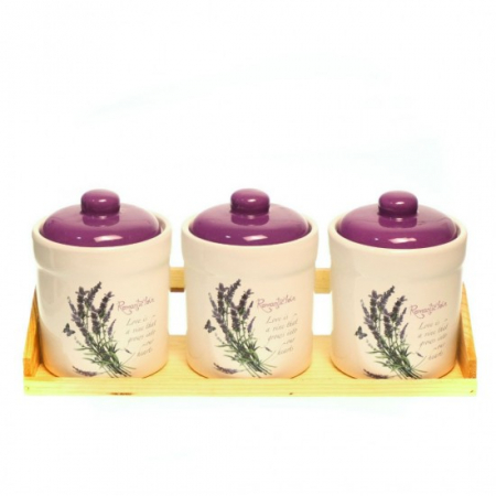 Vase si accesorii bucatarie - Set condimente ceramic suport lemn 3piese mx