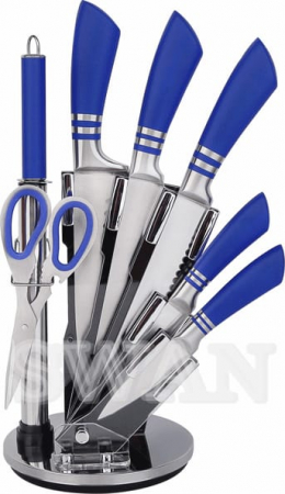 Vase si accesorii bucatarie - Set Cuțite Bucătărie Inox cu Suport Rotativ – 8 Piese – Albastru