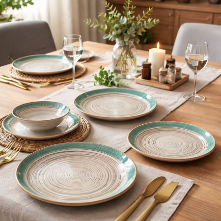 Farfurii - Set de masa din portelan 24 piese Hera Green Spiral