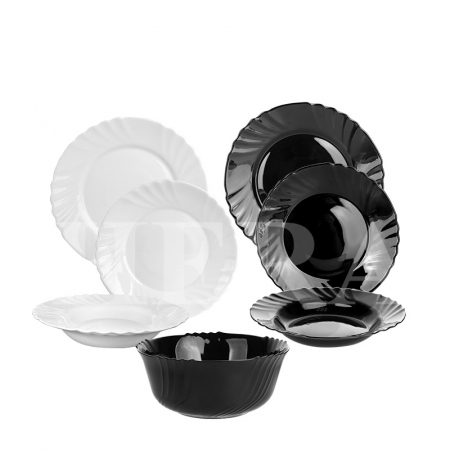 Vase si accesorii bucatarie - Set de Veselă din Opal 19 Piese Black & White – Eleganță și Versatilitate pe Masa Ta