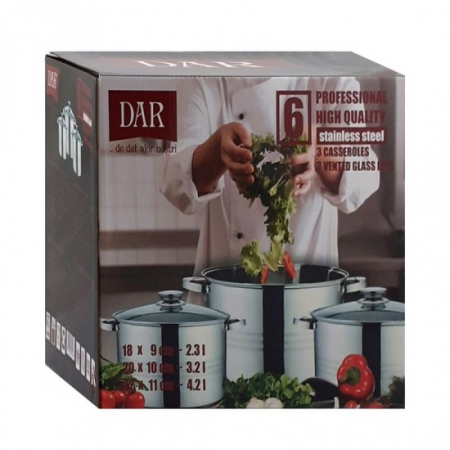 Vase si accesorii bucatarie - Set inox 6 buc cratite cu capac sticla (2.3, 3.2l/4.2) mx