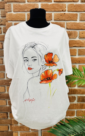 Tricouri pictate manual - Tricou “Fata cu maci” - măsura XL