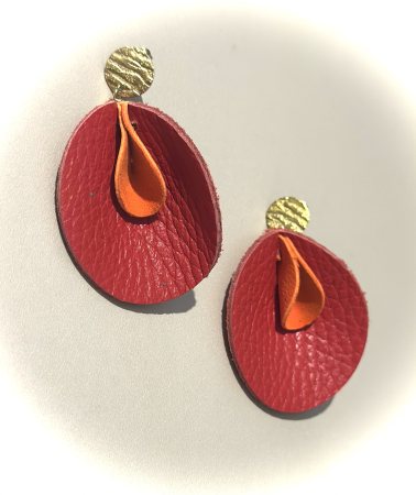Cercei din piele naturala - Cercei în nuanțe de roșu, portocaliu, cu inserții aurii