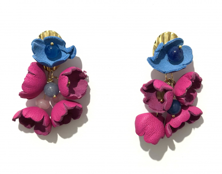 Cercei din piele naturala - Cercei în nuanțe de ciclam/albastru cu pietre semiprețioase