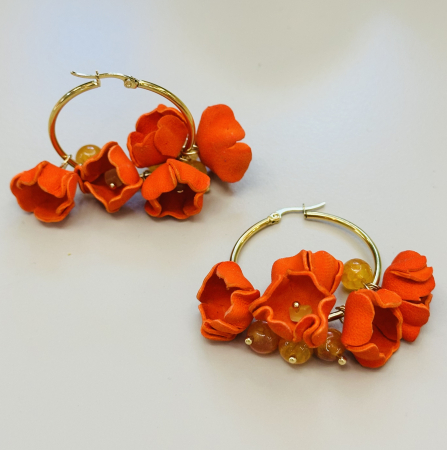 Cercei din piele naturala - Cercei în nuanțe de galben/ portocaliu cu pietre semiprețioase