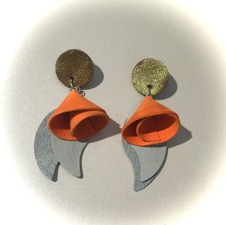 Cercei din piele naturala - Cercei “Toamna by MMagic Art “ în nuanțe de portocaliu, gri, auriu