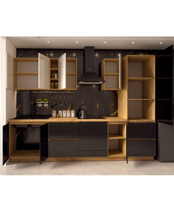 Bucatarie Chelsea, Stejar K003 - Alb/Negru, 300x60x215cm [7]