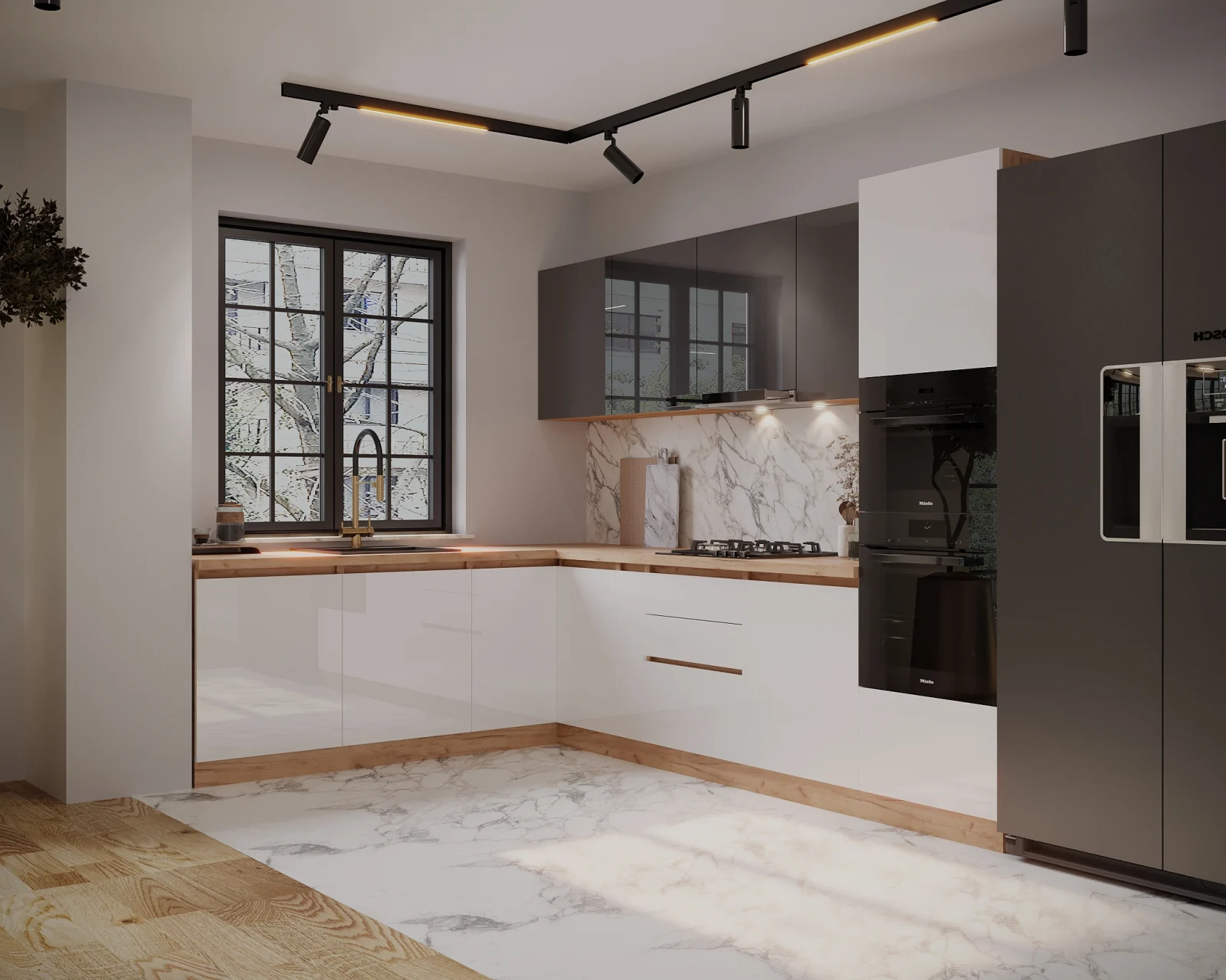 Bucatarie colt Chelsea V2 ,221/300x60x200 cm, Gri antracit , Alb /Stejar K003 [4]