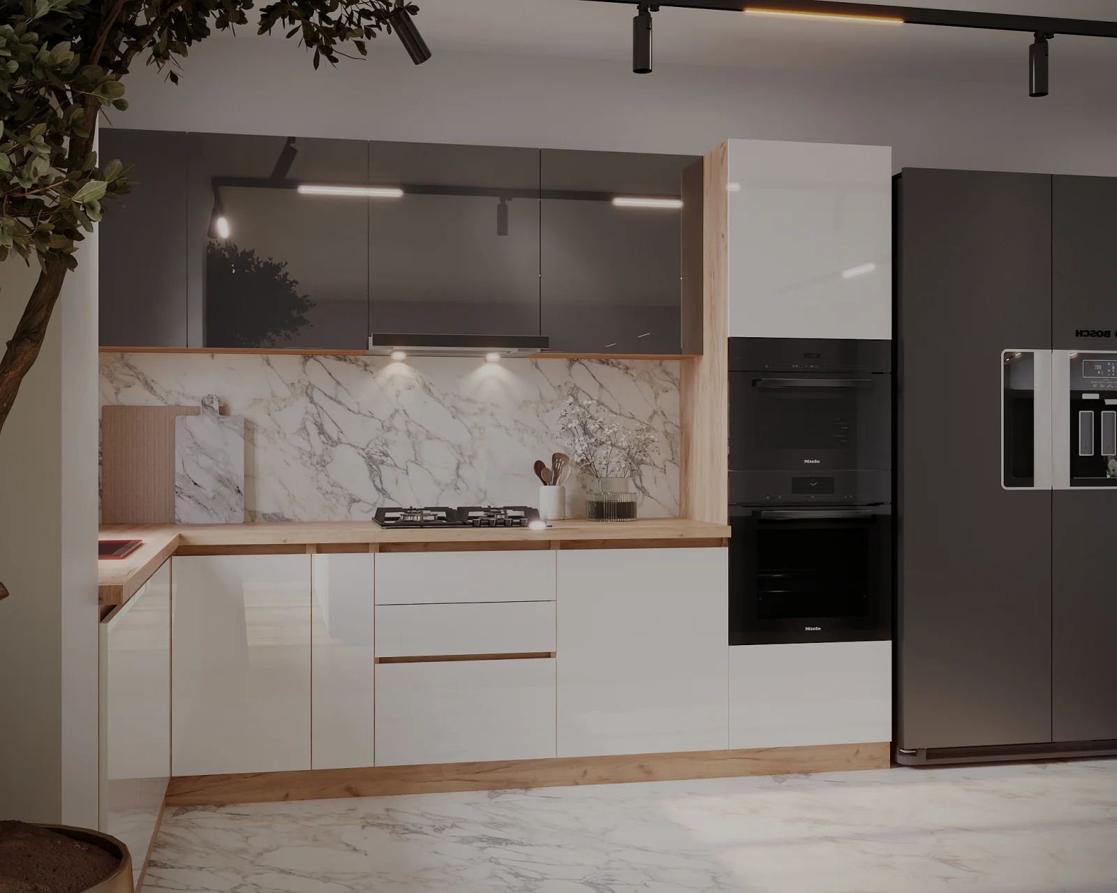 Bucatarie colt Chelsea V2 ,221/300x60x200 cm, Gri antracit , Alb /Stejar K003 [3]