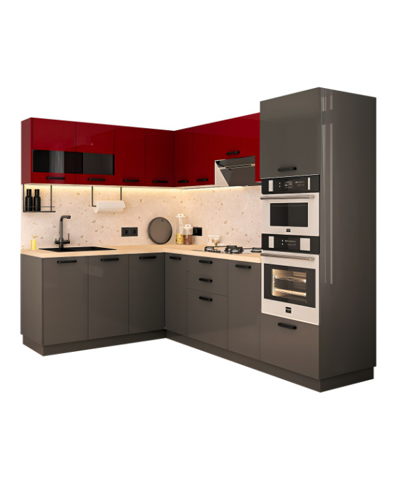 Mobila Bucatarie pe colt 180x258cm Rosu Gri Antracit MDF Amalia V1 - Set Mobilier Bucatarie [6]