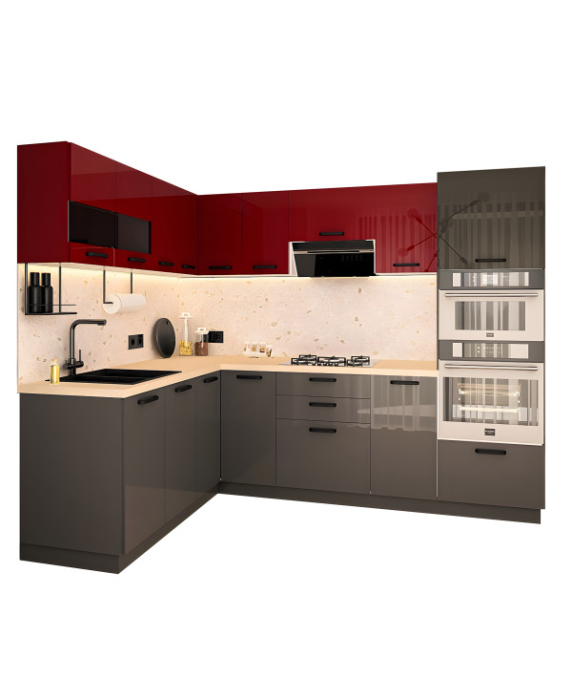 Mobila Bucatarie pe colt 180x258cm Rosu Gri Antracit MDF Amalia V1 - Set Mobilier Bucatarie [5]