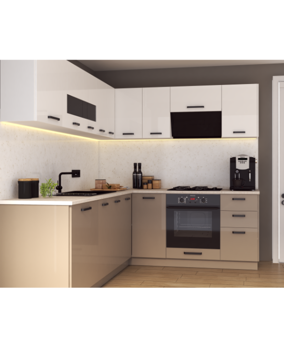 Mobila Bucatarie pe colt 205x240cm Alb  Cappuccino MDF lucios Amalia V2 - Set Mobilier Bucatarie [4]