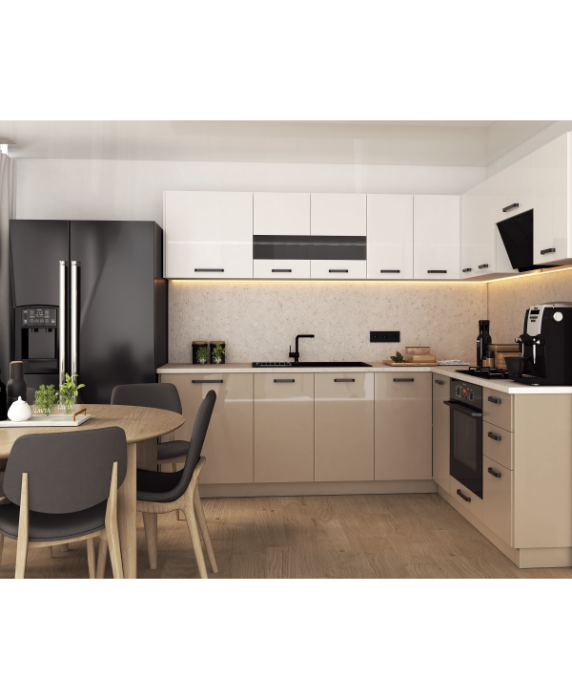 Mobila Bucatarie pe colt 205x240cm Alb  Cappuccino MDF lucios Amalia V2 - Set Mobilier Bucatarie [2]