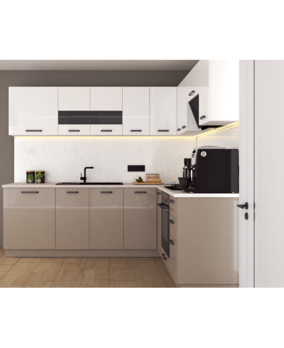 Mobila Bucatarie pe colt 205x240cm Alb  Cappuccino MDF lucios Amalia V2 - Set Mobilier Bucatarie [3]