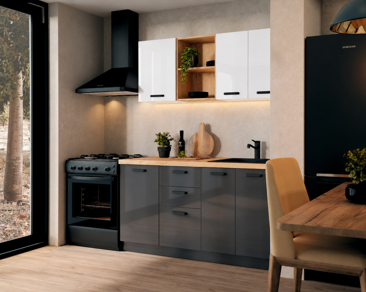 Bucatarie Daria MDF V1, 140x60x200cm, Acril Alb+Antracit [2]