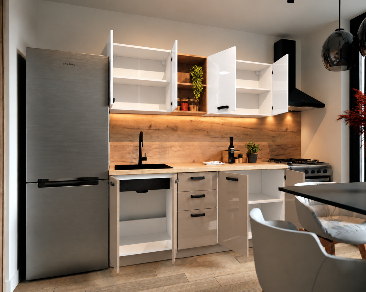 Bucatarie Daria MDF V1, 180x60x200cm, Acril Alb+Cappuccino [3]