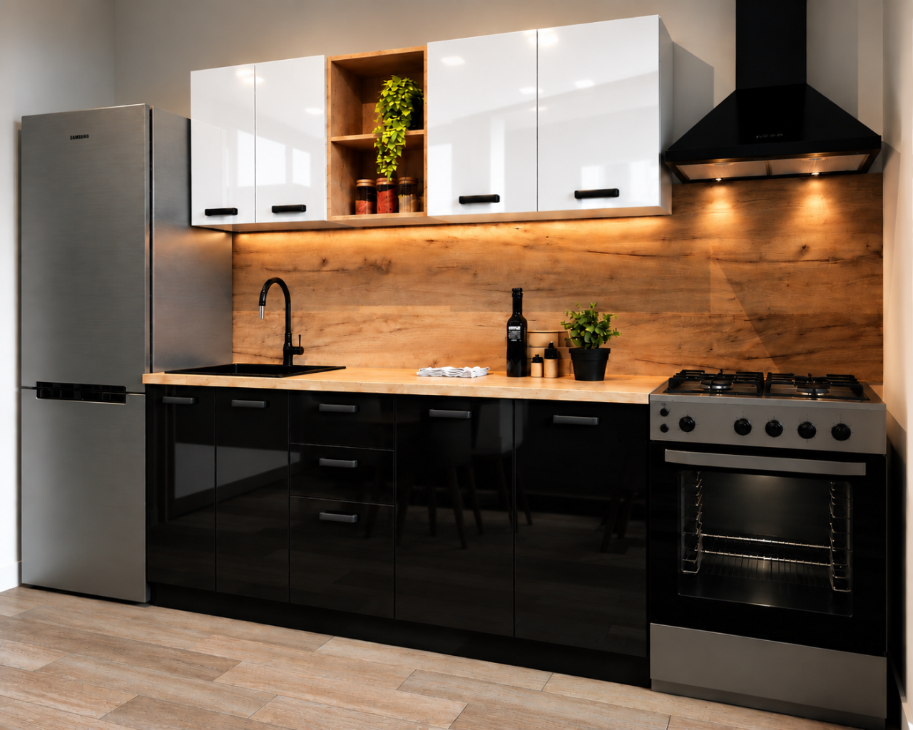 Bucatarie Daria MDF V1, 180x60x200cm, Acril Alb+Negru [2]