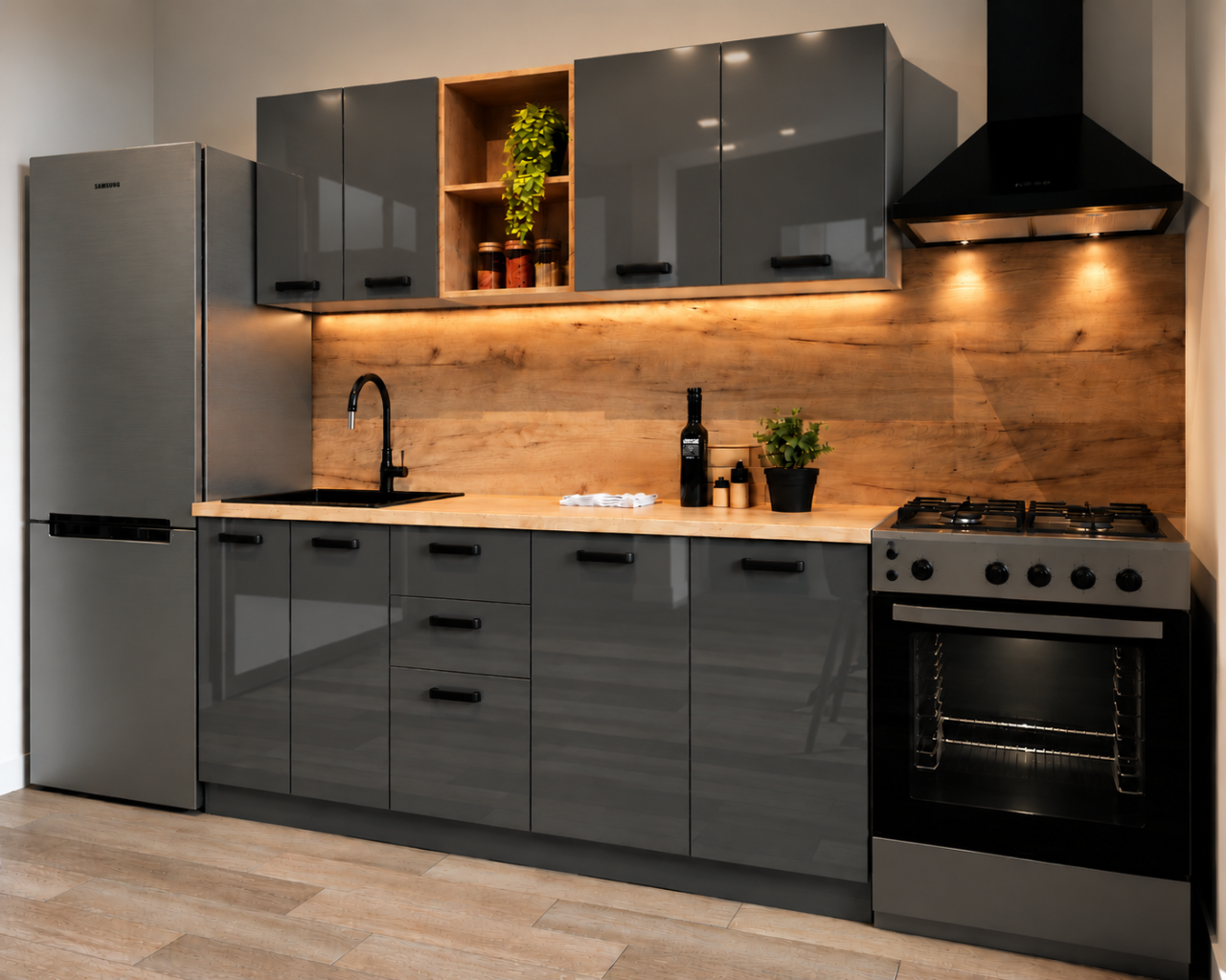 Bucatarie Daria MDF V1, 180x60x200cm, Acril Antracit [2]
