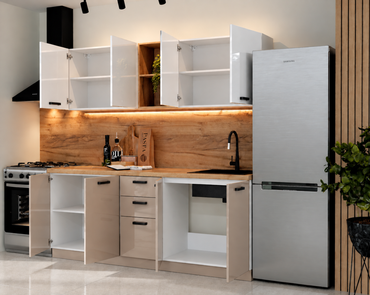 Bucatarie Daria MDF V1, 200x60x200cm, Acril Alb+Cappuccino [4]