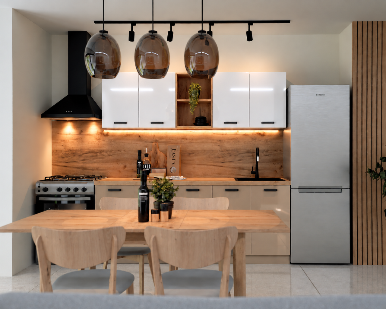 Bucatarie Daria MDF V1, 200x60x200cm, Acril Alb+Cappuccino [3]