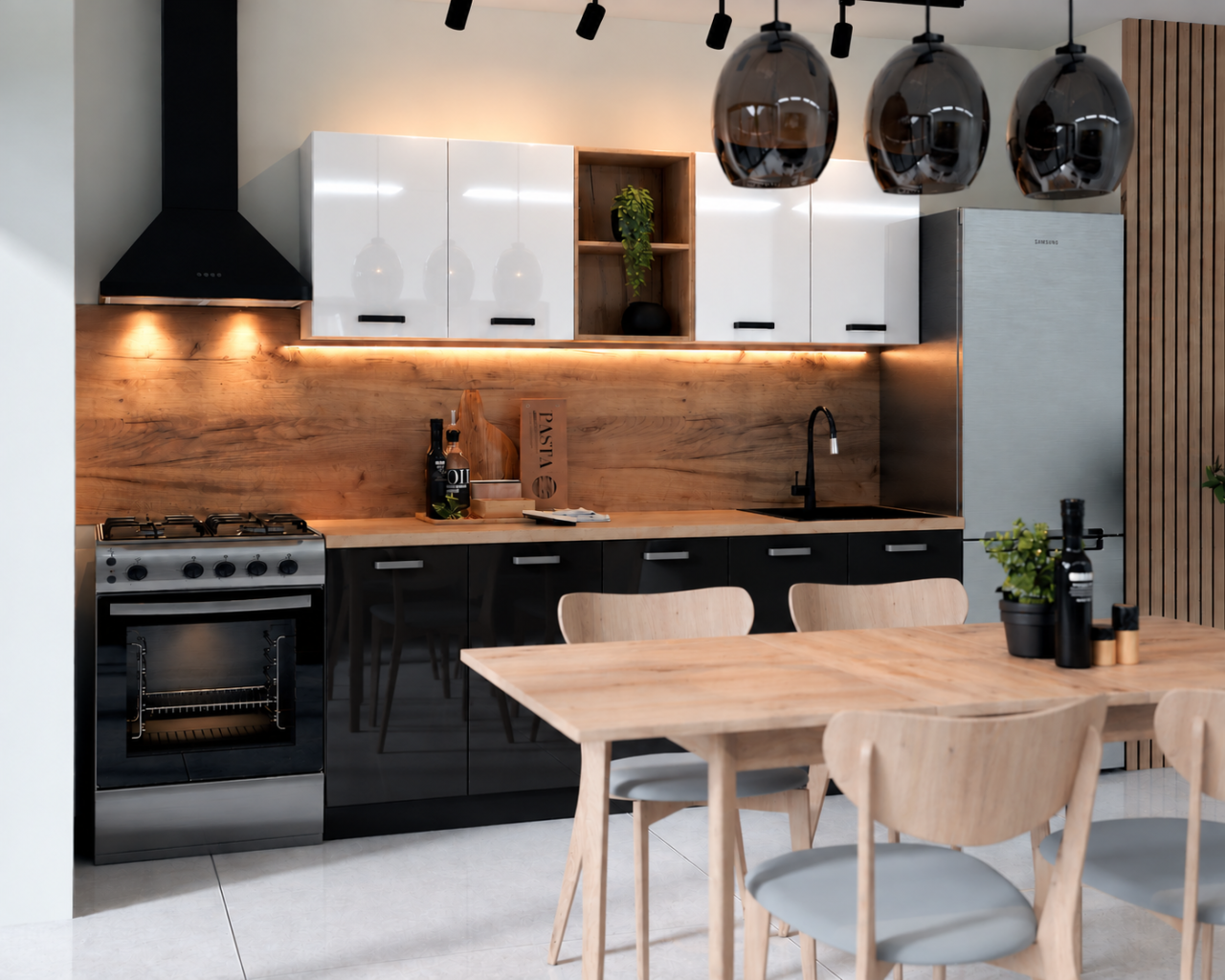 Bucatarie Daria MDF V1, 200x60x200cm, Acril Alb+Negru [2]